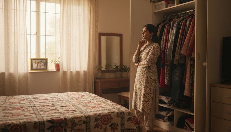 Indian woman in front of her wardrobe