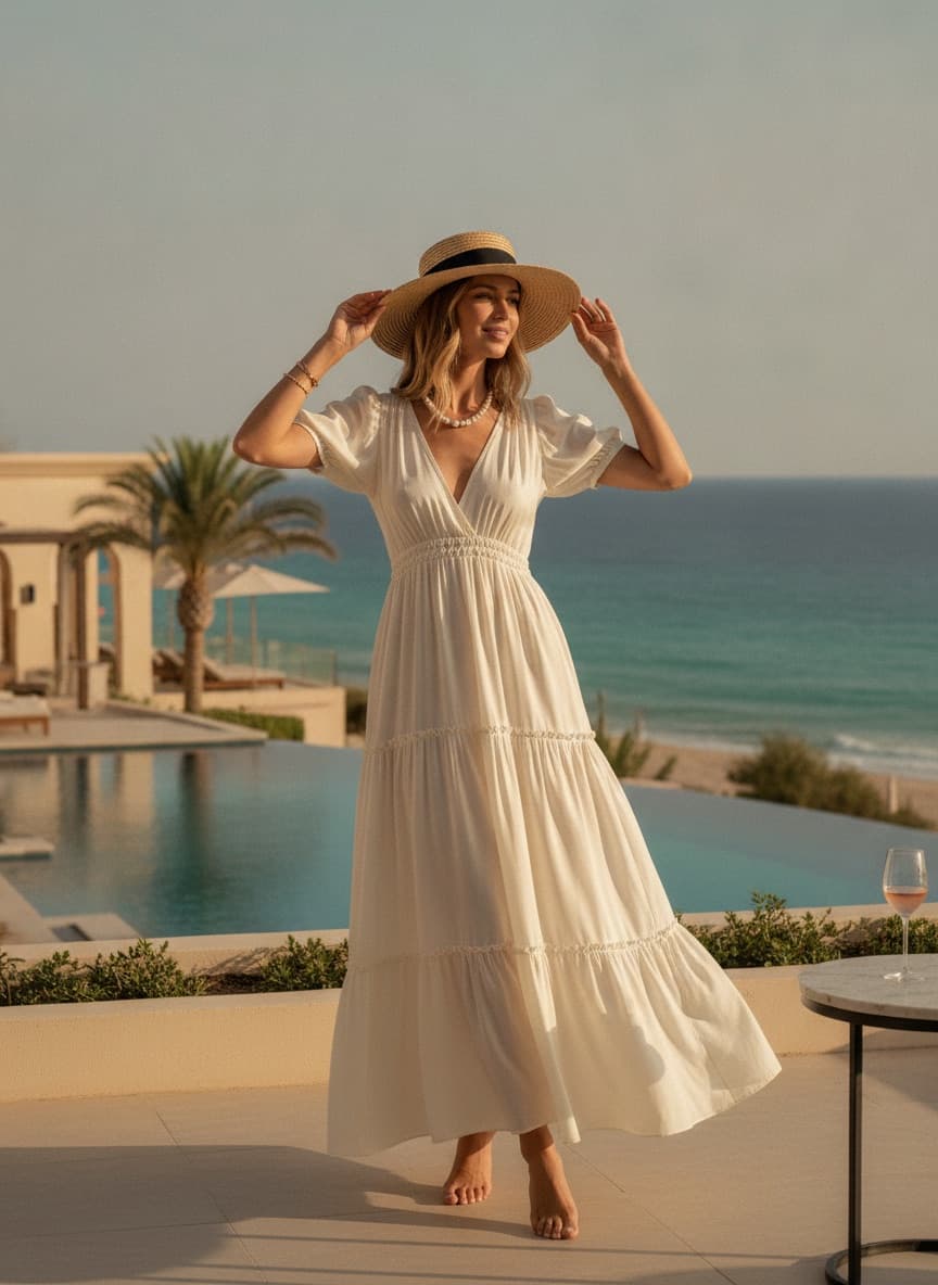 Stylish woman in a flowing summer dress enjoying a sunny seaside vacation destination