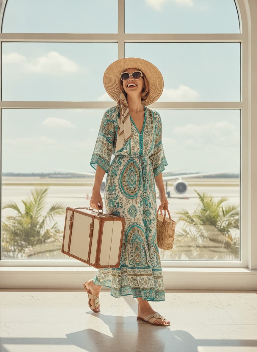 Happy woman with a sun hat and suitcase ready for a stylish holiday abroad